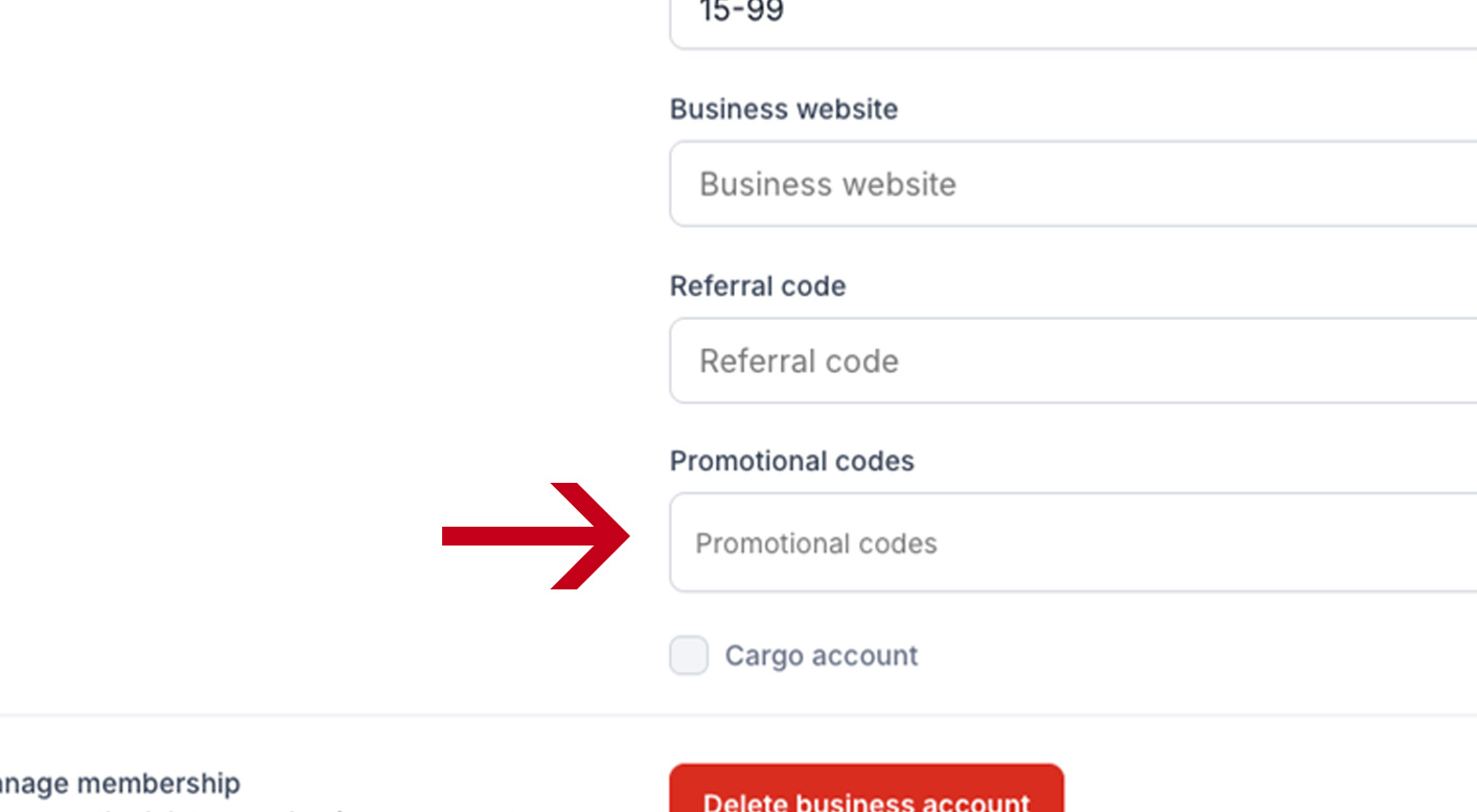 screenshot of promotional code field